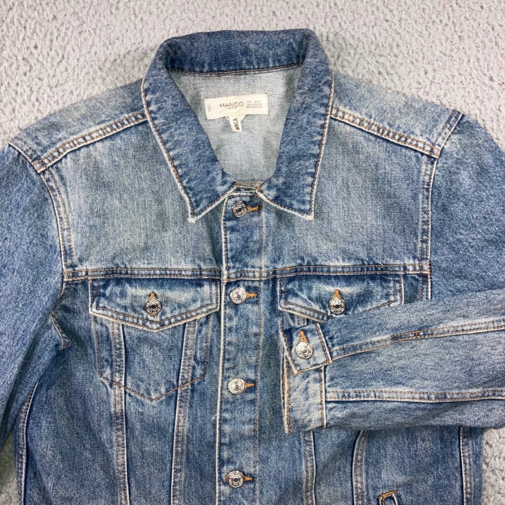 Mango Denim Trucker Jacket‎ Women XS/S Blue Raw Hem Medium Wash Maca Boho Edgy